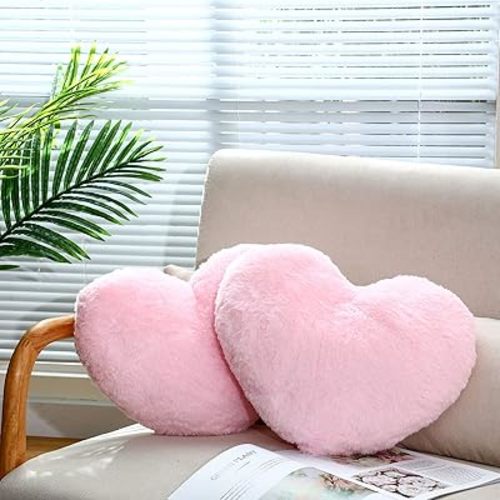 Remerry 2 Pieces Soft Heart Throw Pillow Plush Heart Shaped Decorative Pillow Faux Rabbit Fluffy Cushion for Girl Living Fit Bed Dining Sofa Car (Pink)