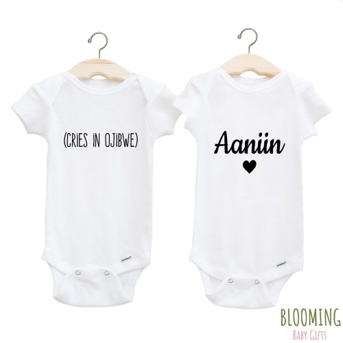 Ojibwe Baby Baby Bodysuit Gift Set, Aaniin [means &quot;Hello&quot;] Bodysuit, Cries In Ojibwe, Size 0-3 Months