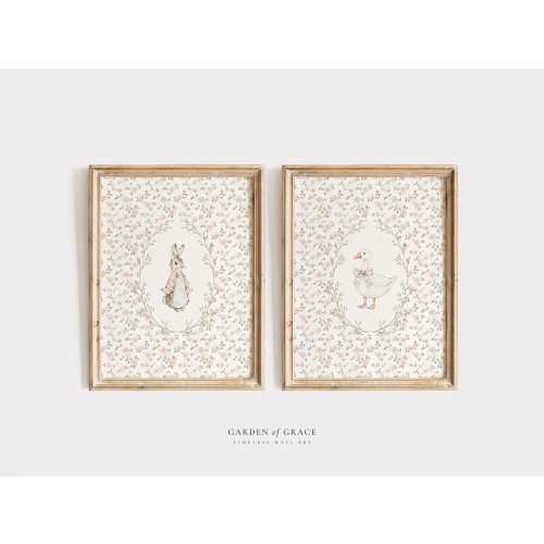 Cute Bunny and Silly Goose Nursery Wall Art Set | Farmhouse Girl's Room Decor | Farm Animal Print | Floral Pink, Vintage Rabbit Illustration