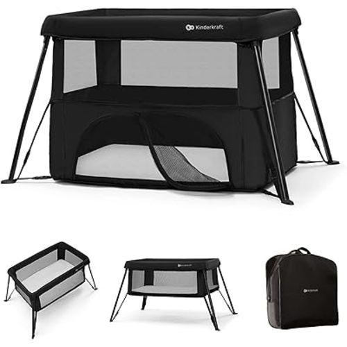 Kinderkraft CAMI 3-in-1 Baby Bed, Travel Bed for Baby, from Birth to 3 Years, Baby cot, Travel cot, Easy to Fold Compactly, Travel Bag Included, Two Levels, Black