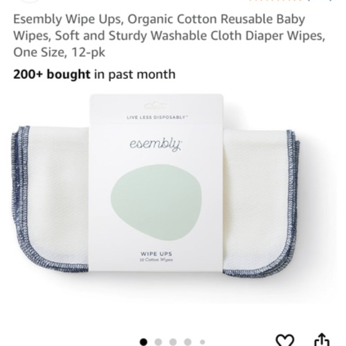 Esembly Wipe Ups, Organic Cotton Reusable Baby Wipes, Soft and Sturdy Washable Cloth Diaper Wipes, One Size, 12-pk