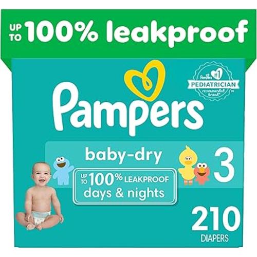 Pampers Baby Dry Diapers - Size 3, One Month Supply (210 Count), Absorbent Disposable Diapers