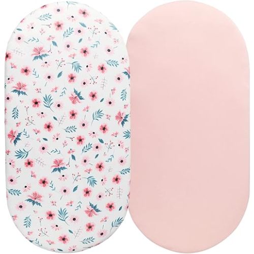 Bassinet Sheet Set 2 Pack Snug Fitted Cradle Fitted Sheets, Stretchy Ultra Soft, for Oval Rectangle Hourglass Bassinet Mattress, Unisex Boy Girl, Floral & Pink