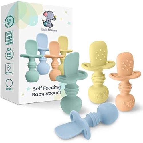LittleWhispers Baby Silicone Spoons - Self Feeding 6 Months - Infant, Toddler, & Kid Friendly Utensils - First Stage, Baby Led Weaning - 4 Pack Utensil Set (Pastel)