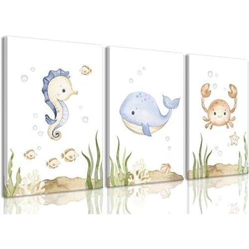 Wodkwq Nursery Wall Art Sea Animal Canvas Prints Baby Girl Boy Room Decor Watercolor Paintings Pictures Cute Ocean Theme Toddler Room Decoration Set of 3 for Kids Bedroom Bathroom 12x16in Framed