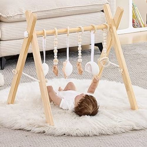 Foldable Wooden Baby Play Gym, Activity Center with 6 Sensory Hanging Toys Natural Wood Montessori Toys for Babies Indoor Gym, No-Tool Assembly Newborn for Infant Motor Development