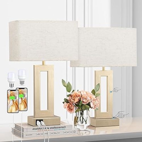 Bedroom Table Lamps Set of 2 - Beige Gold Touch Bedside Lamps with USB C+A, 3 Way Dimmable Gold Lamp for Nightstand, Modern Night Stands Lamps for Living Room