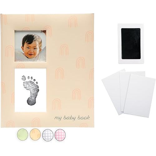 Pearhead Baby Memory Book and Clean-Touch Ink Pad, Baby Girl or Baby Boy Journal, Baby Milestone Photo Album, Blush Rainbow