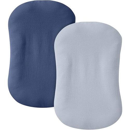 Muslin Baby Lounger Cover 2 Pack, 100% Cotton Infant Lounger Cover, Soft & Breathable Replacement Slipcover, Compatible with Snuggle Me Newborn Lounger (Navy,Light Blue)