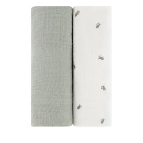 Ely's & Co. Cotton Muslin Swaddle Blanket Sage Pear and Solid Sage 2 Pack