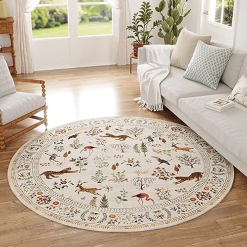 Rugcomf Round Rug 4ft Washable Circle Rug Non Slip Low Pile Boho Floral Animal Small Circular Rug for Bedroom, Bathroom, Entryway, Kids Room, Office, College Dorm (Beige)