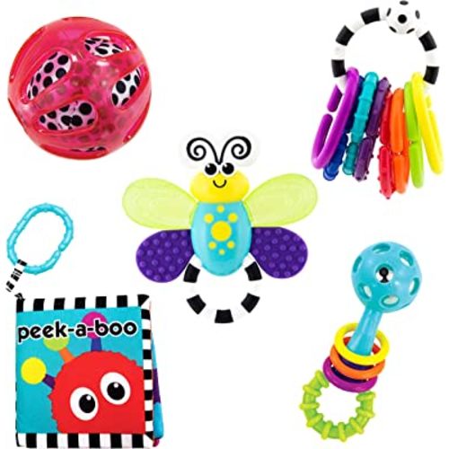 Sassy Baby’s First Developmental Gift Set - Includes Peek-a-Boo Soft Book, Teether, 9 Piece Ring O’ Links, Squish & Rattle Ball and Peek-a-Boo Beads Rattle - Ages 0+ (80764)