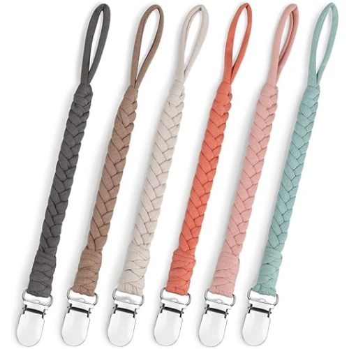 Pacifier Clip for Boys and Girls, Handmade Braided Cotton Baby Pacifier Holder Leash Smoother Clip Fits All Pacifiers Modern Unisex Baby Shower Set 6 Pack
