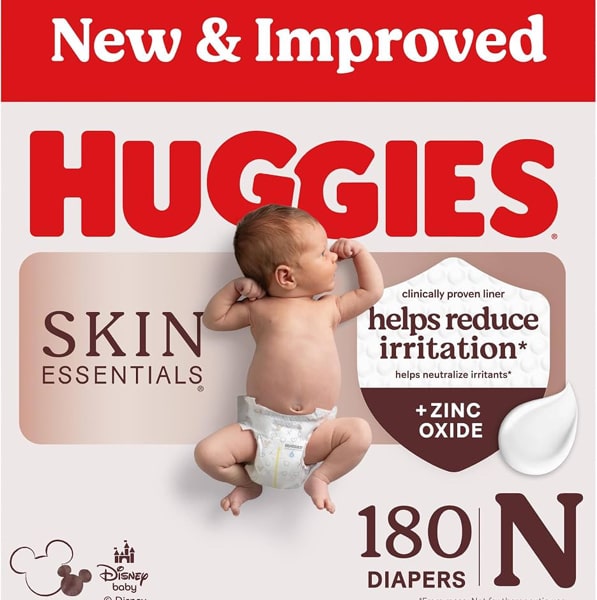 Huggies Size Newborn Diapers, Skin Essentials Baby Diapers, Size Newborn (6-9 lbs), 180 Count (3 Packs of 60), Packaging May Vary
