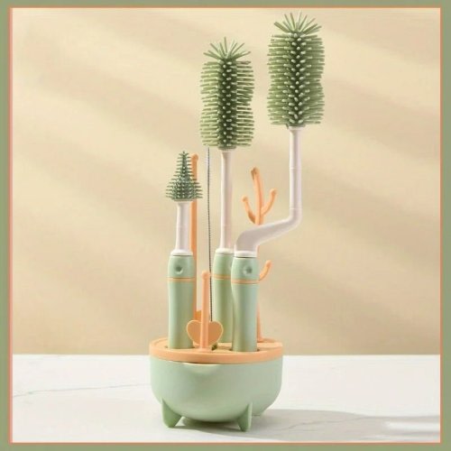 Baby Bottle Cleaner Set with Drying Rack - 6-in-1 2 Silicone Baby Bottle Brushes, Straw Brush, Nipple Brush & Storage Box