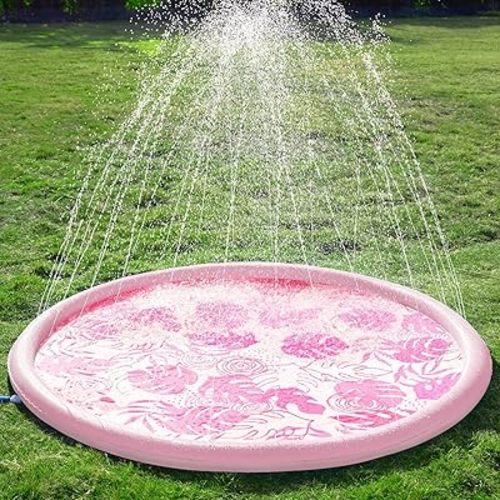 SLOOSH Splash Pad Sprinkler Mat - 6ft Tropical Leaves Outdoor Water Play Toys for Kids Dogs, Backyard Party in Summer Decor Outside Water Games Fountain Pool Children Boys Girls Toddlers Baby (Pink)