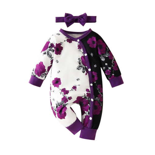 Baby Girl Flower Graphic Footies Newborn Colorblock Botton Sleeper 2 Pack Pajamas Romper Coming Home Outfit with Bow Headband