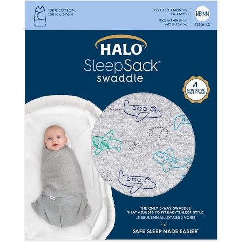 HALO 100% Cotton Sleepsack Swaddle, 3-Way Adjustable Wearable Blanket, TOG 1.5, Planes, Newborn, 0-3 Months