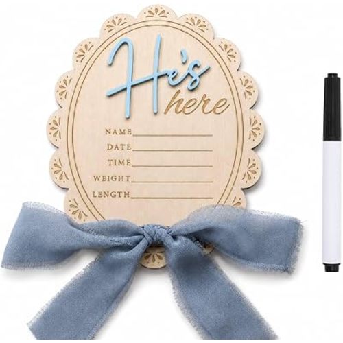 Baby Announcement Sign with Pen, He's Here Wooden Newborn Boy Sign