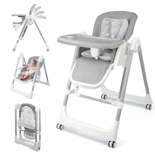 High Chairs for Babies and Toddlers Foldable High Chair Adjustable with Reclining Seat & Leg Rest, 3-in-1 Convertible Baby Swings with Tool-Free Assembly (Grey)
