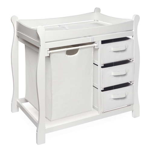 Badger Basket Wooden Sleigh Style 3 Drawers Baby Diaper Changing Table with Hamper and Baskets, White