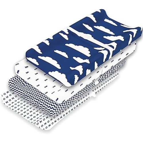 Changing Pad Cover – Premium Baby Changing Pad Covers 4 Pack – Boy or Girl Changing Pad Cover – Pure Cotton Machine Washable Navy and White Changing Table Cover – Diaper Changing Pad Cover Sheets