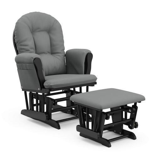 Storkcraft Premium Hoop Glider and Ottoman (Black Base, Gray Cushion) – Padded Cushions with Storage Pocket, Smooth Rocking Motion, Easy to Assemble, Solid Hardwood Base