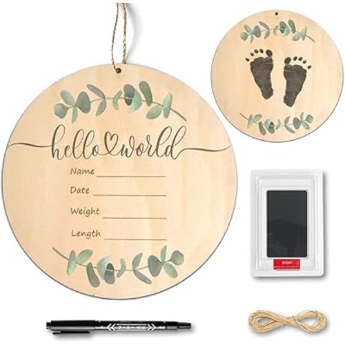Baby Birth Announcement Sign with Marker Pen, Wooden Hello World Newborn Sign with Ink Pad for Baby Hand and Footprints, Double-sided Newborn Announcement Sign for Baby Shower Photo Prop Keepsakes