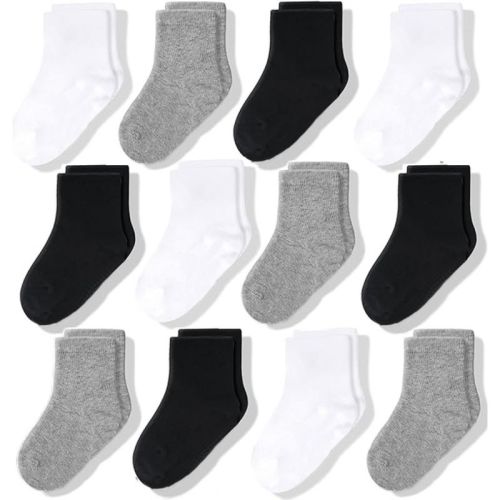 Cozyway Crew Cotton Baby Socks - 12 Pack Stretch Baby Socks 6-12 Months For All Day Comfort, Black/white/gray, Unisex