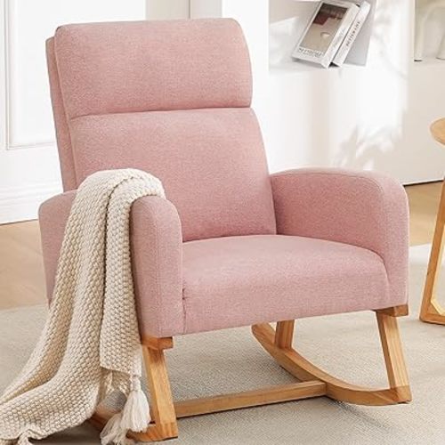 Rocking Chair Nursery - Modern Glider Accent Rocking Chairs Upholstered Linen Nursing Rocker Padded Armchair for Indoor Living Room Bedroom, Pink