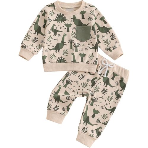 MA&BABY Toddler Boys Fall Outfits Dinosaur Print Pocket Long Sleeve Sweatshirts and Long Pants 2Pcs Clothes Set - Khaki - 6-12 Months