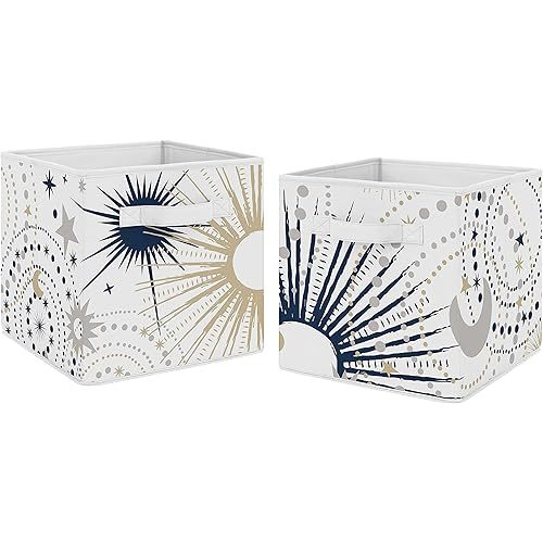 Sweet Jojo Designs Star and Moon Foldable Fabric Storage Cube Bins Boxes Organizer Toys Kids Baby Childrens - Set of 2 - Navy Blue, Gold, and Grey Celestial Sky Stars Gender Neutral Unisex