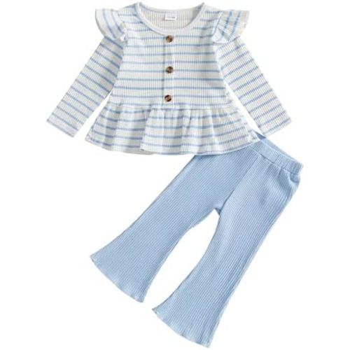 Mubineo Toddler Baby Girl Clothes Cute Ribbed Outfits Knit Long Sleeve Shirt Tops Bell Bottom Pant Fall Winter Outfit