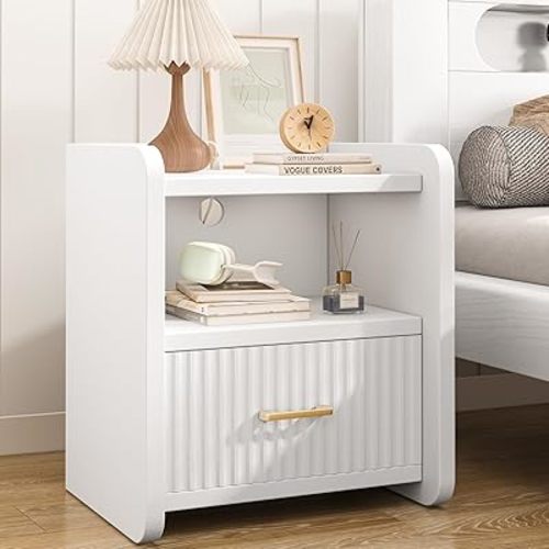 Night Stand with Charger Station, Fluted Wood Nightstand with Drawer Storage, Modern Bedside Table, Wide Nightstands for Bedroom, Mid Century Wooden Night Stands for Home Office Sofa Couch