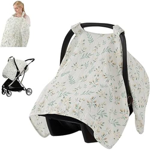 Blissful Diary 2-in-1 Muslin Baby Car Seat Cover, Multi-use Nursing Cover for Breastfeeding, Breathable Infant Car Seat Cover Canopy - Botanical Leaf