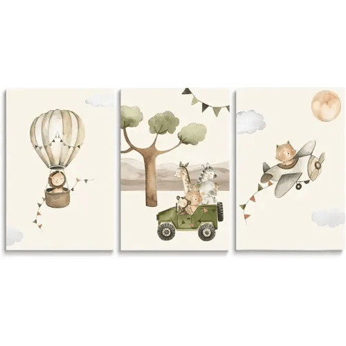 SKYSUKEY Safari Animals Nursery Decor Adventure Nursery Wall Decor Set of 3 Watercolor Hot Balloon Airplane Car Nursery Print for Boy Girl Childern's Room Decoration Framed Canvas Wall Art 16"x24"