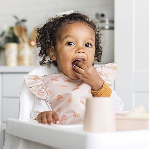 Tiny Twinkle Mess Proof Baby Bib - Waterproof Toddler and Baby Apron Bib - Machine Washable - PFAS and BPA Free - Small 6-24 Months - Boho Rainbow