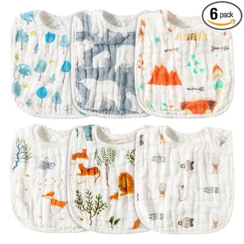 Zainpe 6Pcs Snap Muslin Cotton Bibs for Baby Bear Fox Deer Dog Bib Adjustable Machine Washable Burp Cloths with 6 Absorbent Soft Layers for Unisex Infant Newborn Toddler Drooling Feeding Teething