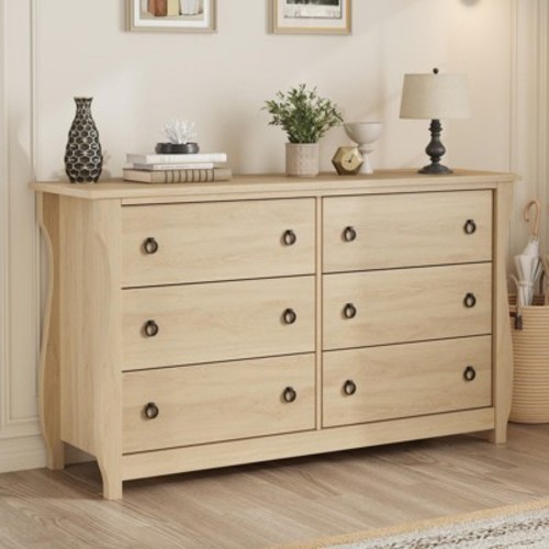 Garvee Natural 6 Drawer Dresser, 47" Wide Boho Dresser Organizer with Curved Legs and Large Storage for Living Room, Bedroom, Entryway, Nursery
