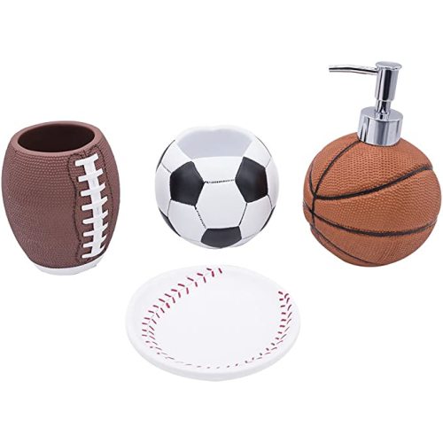 4-Piece Sports Bathroom Accessories Set Complete with Basketball Lotion/Soap Dispenser,Soccer Bath Cup/Tumbler,Base Ball Soap Dish,Football Toothbrush Holder