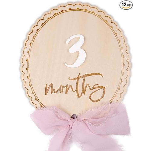 Baby Monthly Milestone, Wooden Baby Milestone Signs, Monthly Milestone Wood Discs, Baby Milestone Discs, Baby Photo Props Cards Interchangeable Number Set of 12 for Baby Growth Recording (Ribbon)