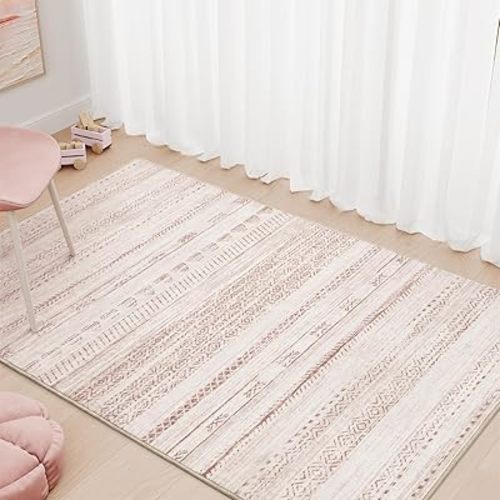 3x5 Pink Area Rug Machine Washable Non Slip Rug Distressed Neutral Moroccan Boho Rug Ultra Soft Indoor Rugs for Bedroom Living Room Entryway Kitchen Foyer Bedside