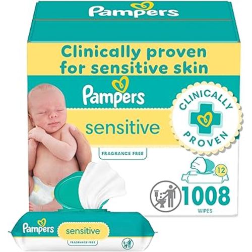 Pampers Sensitive Baby Wipes, Water Based, Hypoallergenic and Unscented, 12 Flip-Top Packs (1008 Wipes Total)