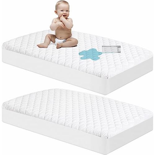NTBAY 2 Pack Waterproof Crib Mattress Protector, Quilted 28"x52" Toddler Fitted Sheet - Machine Washable - Soft and Breathable Mattress Pad Cover for Crib, Nursery, Daycare, Cot, White