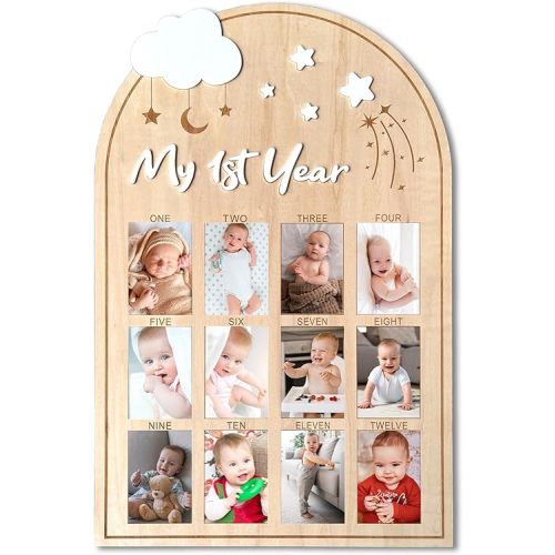 My First Year Wooden Photo Board, Baby’s First Year Picture Frame, One Year Birthday Photo Display Wood Board, 12 Months Milestone Board Photo Frame, Gift for Newborn Baby 1st Birthday Memories Nursery Decoration (Star)