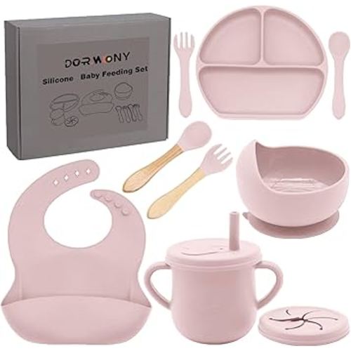 100% Silicone baby feeding set,BPA free Baby dishes set with Suction Bowl Divided Plate,Toddler Self Feeding Dish Set with Spoons Forks Sippy Cup And Bib, Baby Eating Utensils (Lilac)