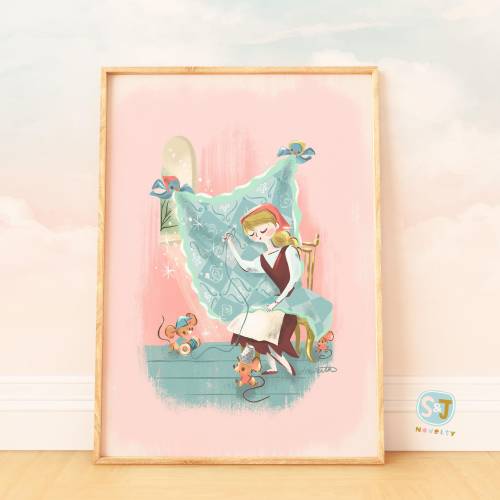 Cinderella sewing print, mice, Disney fan art, sewing room art for quilter, fairy tale princess, Mary Blair inspired, Jill Howarth