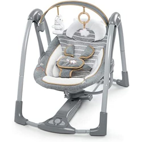 Ingenuity Boutique Collection Deluxe 5-Speed Portable Baby Swing with Battery-Saving Technology - Bella Teddy, Swing 'n Go, 0-9 Months, 1 Count (Pack of 1)