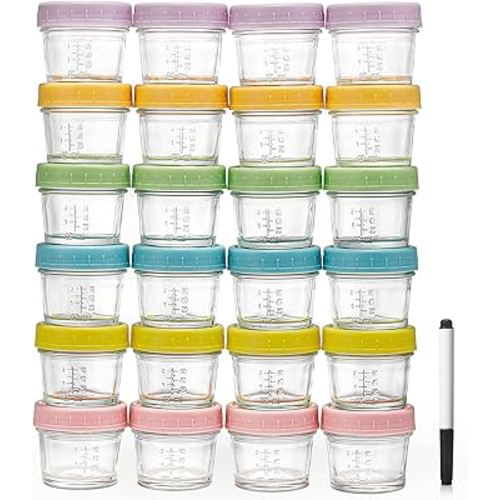 DIMBRAH Baby Food Storage Containers -24pcs, 4oz Reusable Glass Baby Food Jars with Lids–Dishwasher & Freezer Safe, Suitable for Baby and Toddler Foods、Fruit and Vegetable Purees