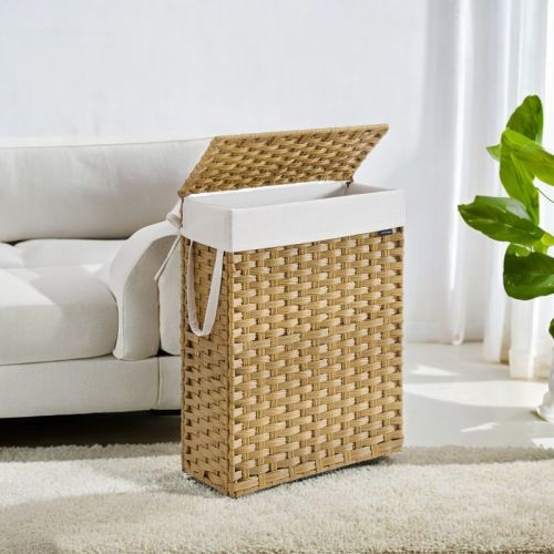 14.5 Gallon Slim Laundry Hamper With Lid Rattan Foldable Clothes Laundry Basket With Lid And Handles Removable Liner, Goose Yellow